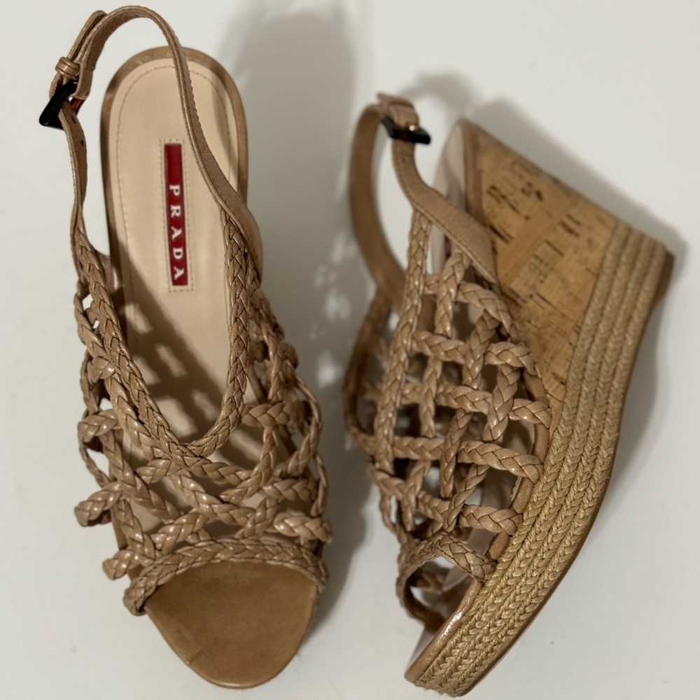 Prada Red Label Taupe/Tan Braided Leather Wedge Sandals EUC